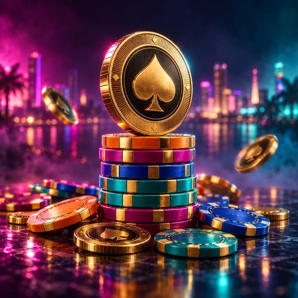Moneda de oro de WinRolla con una pica sobre una torre de fichas de casino de colores y luces de neón de fondo