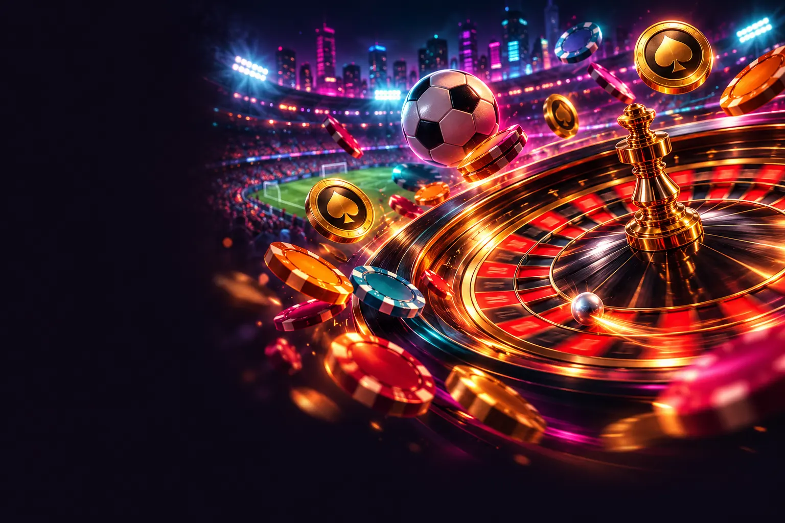 WinRolla Casino: ruleta girando a toda velocidad con fichas, monedas de oro con pica y un balón de fútbol ante los focos del estadio