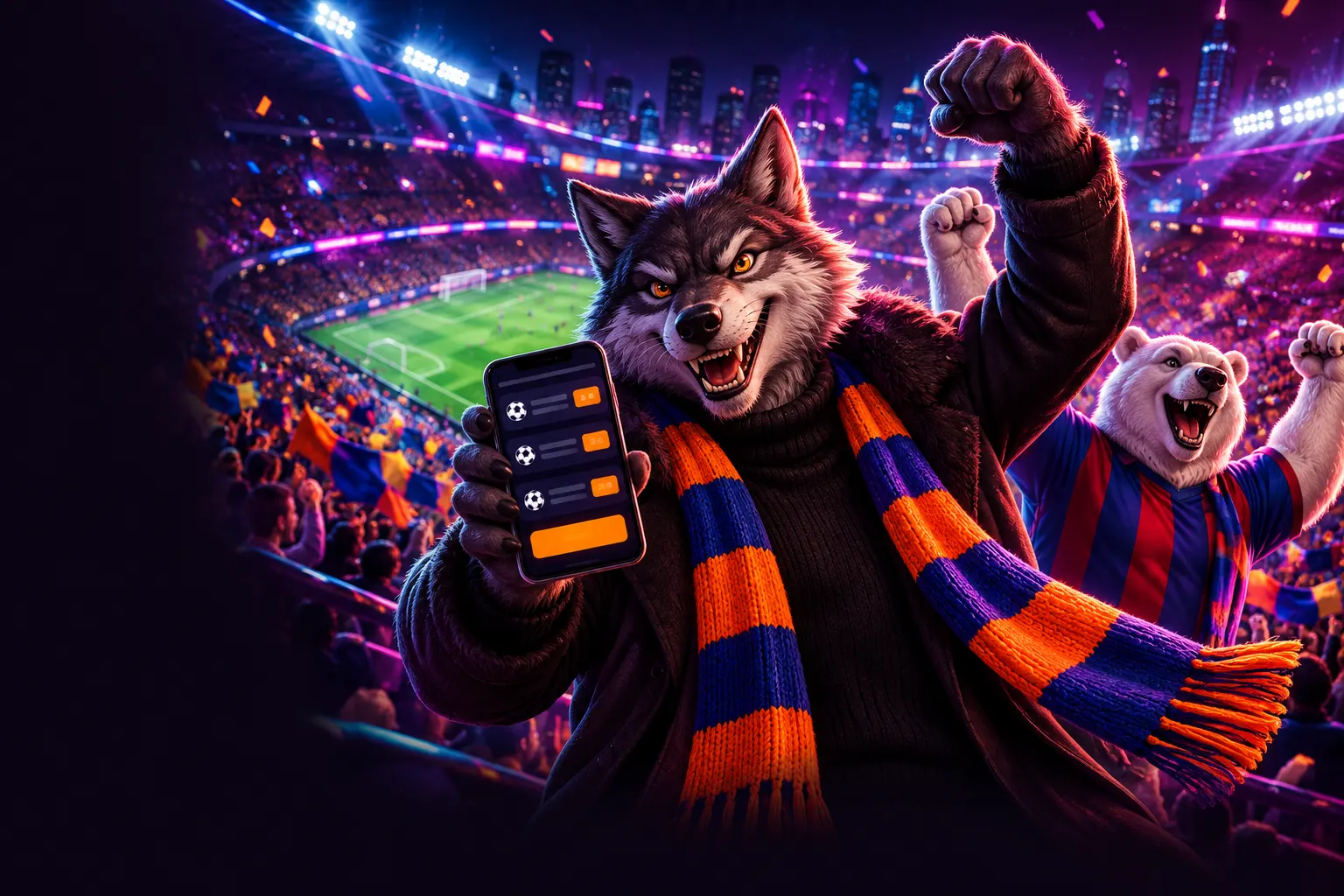 Apuestas en WinRolla: el lobo con bufanda celebra en la grada con el móvil y el cupón abierto, junto a un oso polar con camiseta